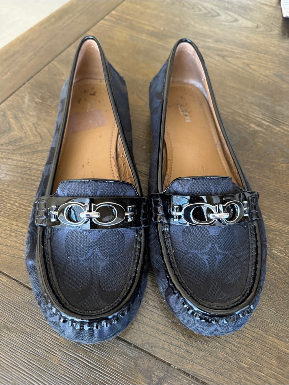 Coach Black Signature Jacquard Flats with Silver Chain Accent